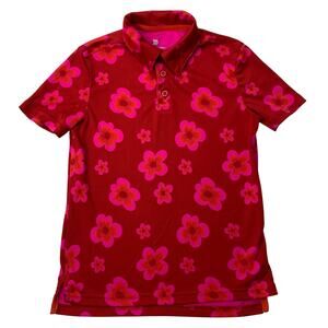 All In Motion Boys Sz 6/7 Small Polo Shirt Performance Red Pink Hibicus Floral